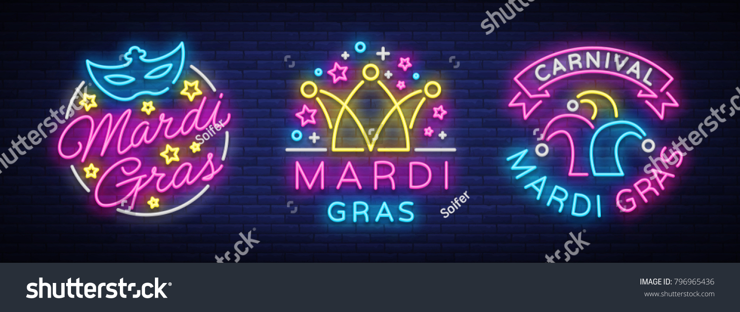 Mardi Gras set of design template for greeting cards  flyers. Fat Tuesday is collection of festive illustrations in neon style  neon sign  festive symbol  luminous banner  neon billboard. Vector