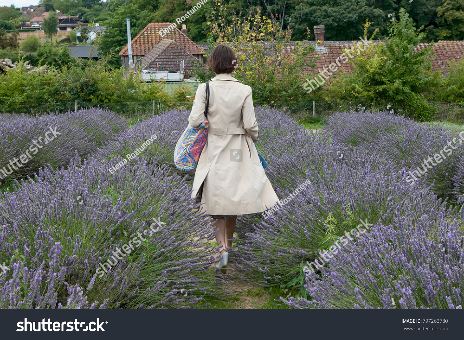 a field of lavender. Selective focus. Selective focus. Woman in beautiful cloak from back to field