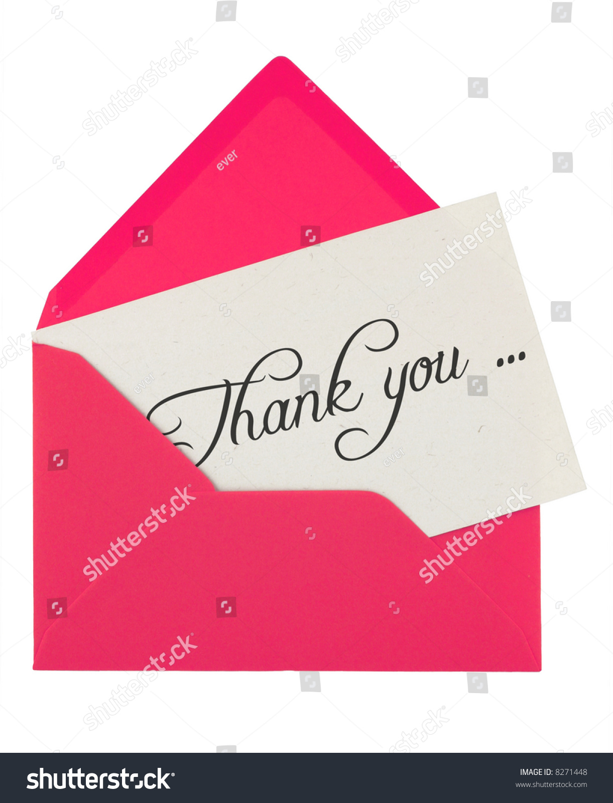 pink envelope with a thank you card isolated on white