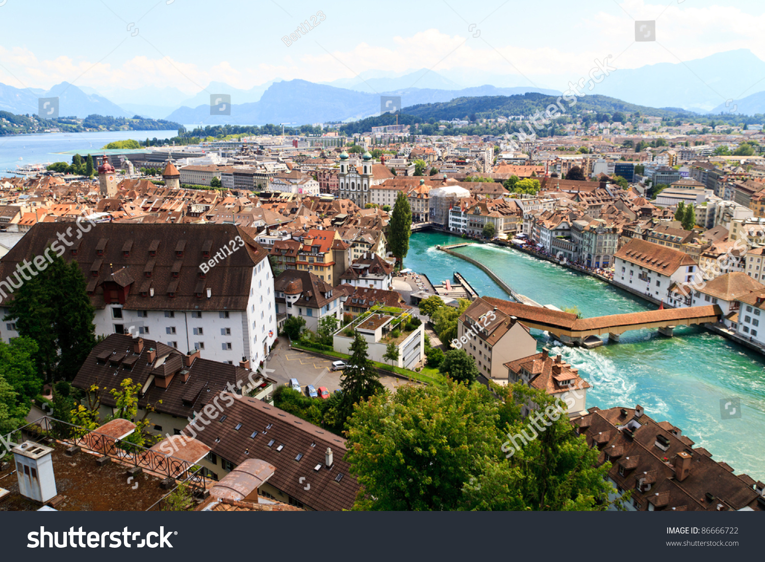 Luzern City View from city walls with river Reuss  Switzerland