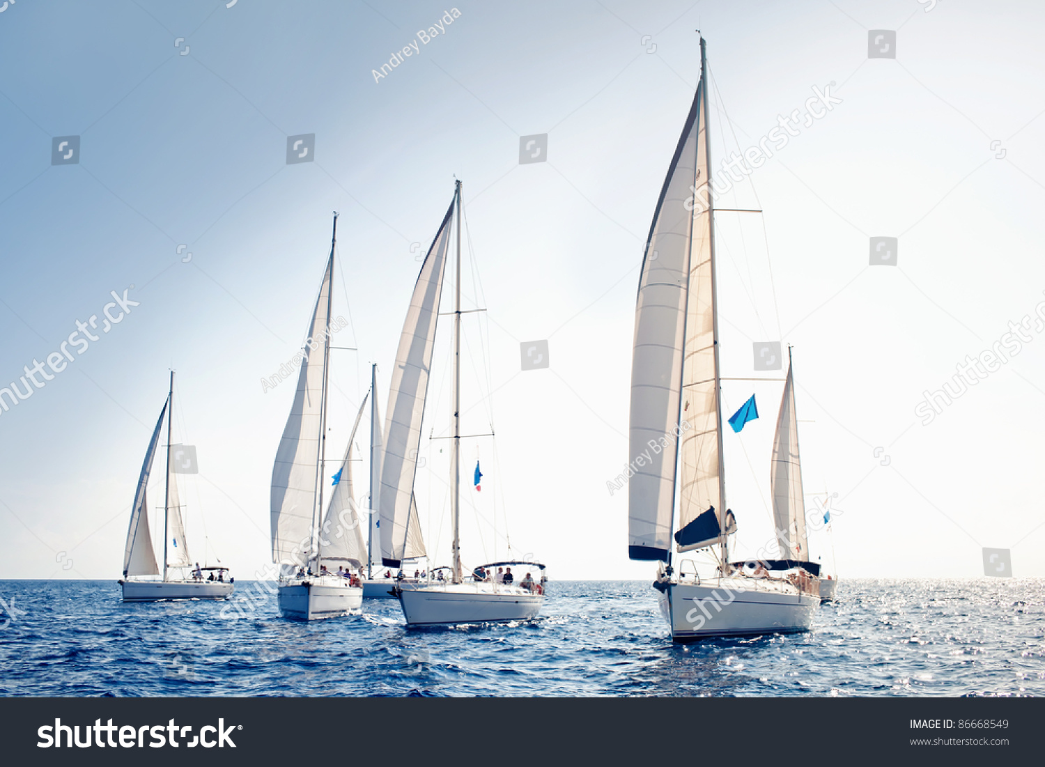Sailing ship yachts with white sails in a row