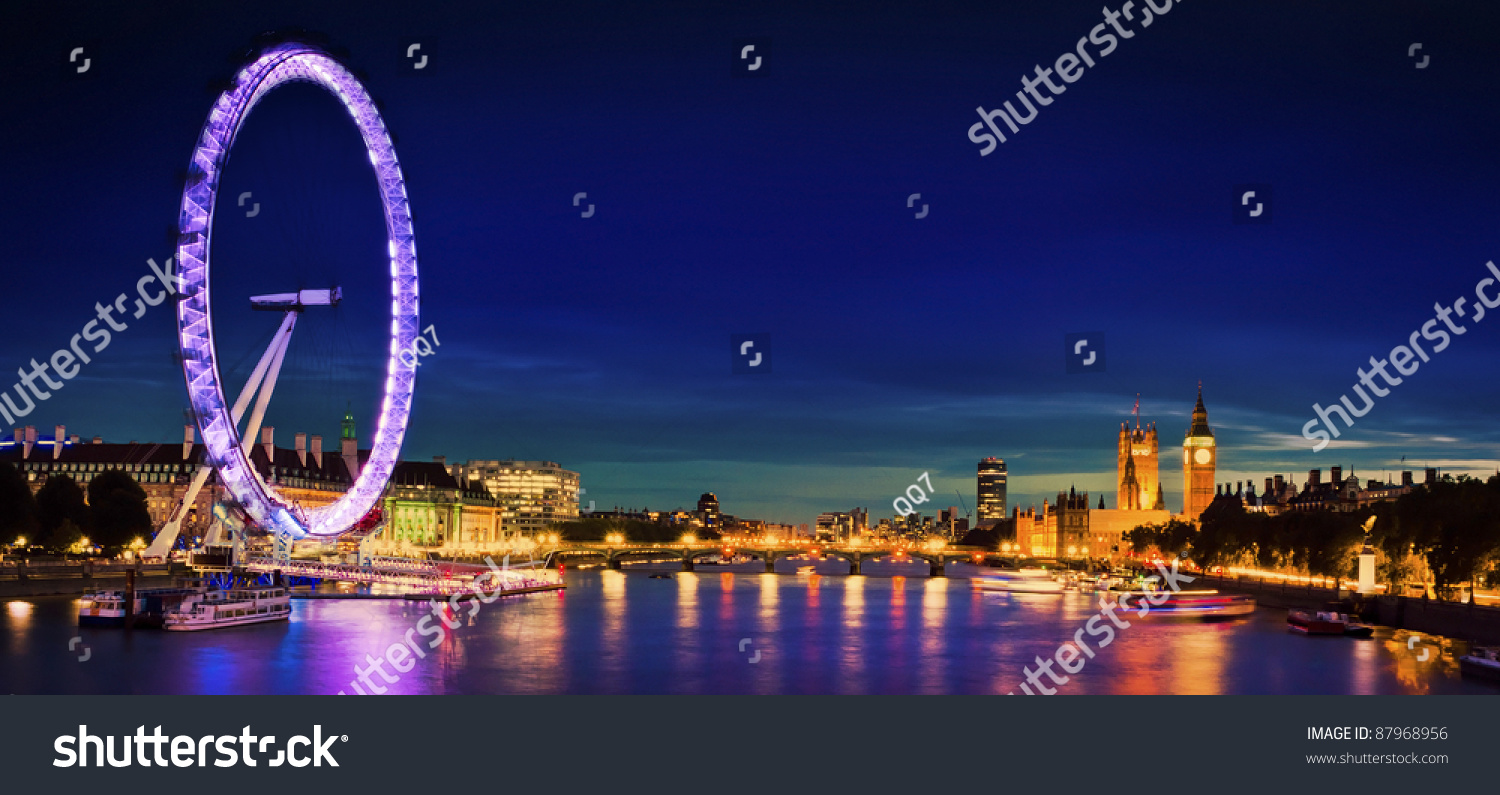 London at twilight. London eye County Hall Westminster Bridge Big Ben and Houses of Parliament.