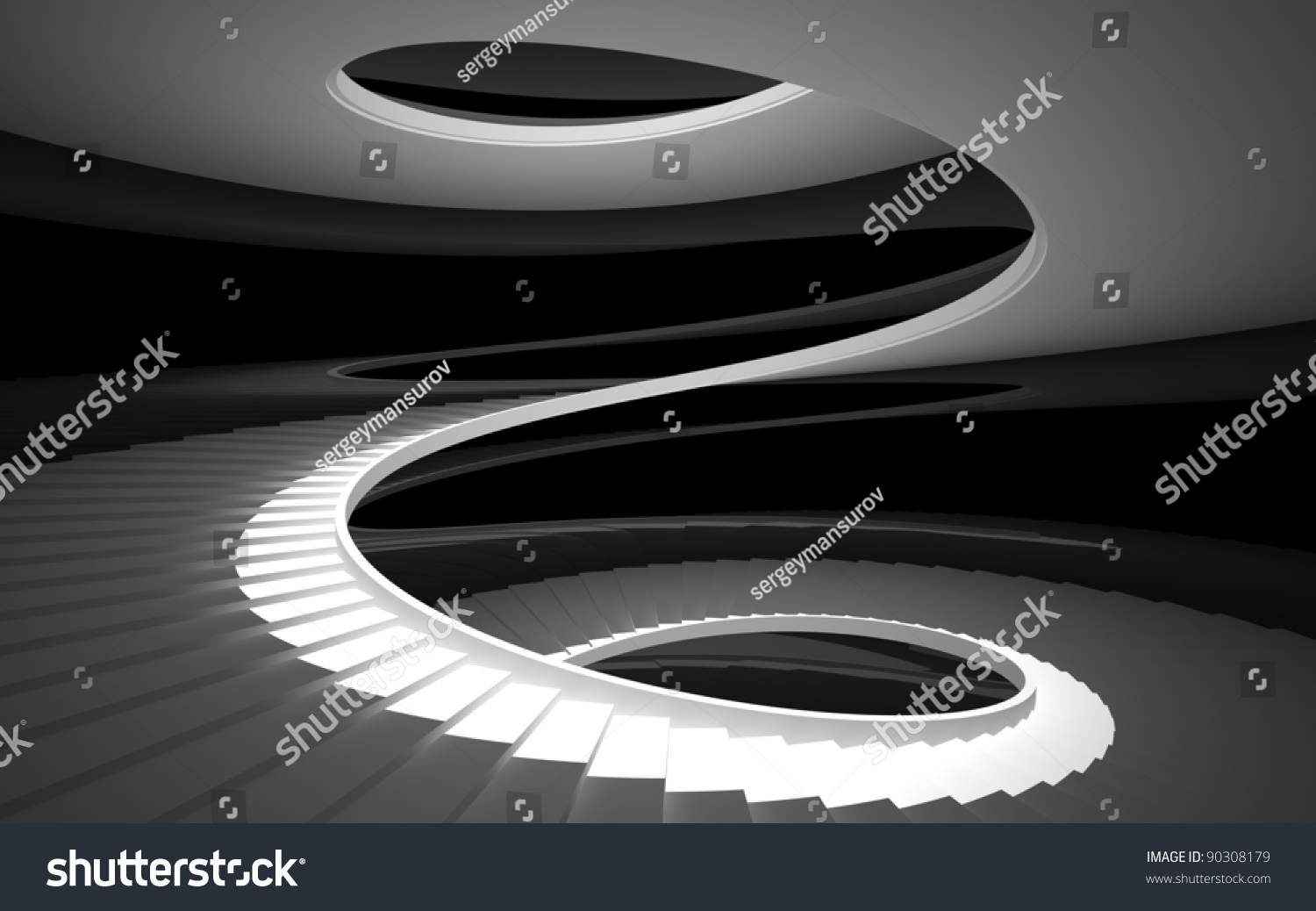 spiral staircase in a white glossy black walls