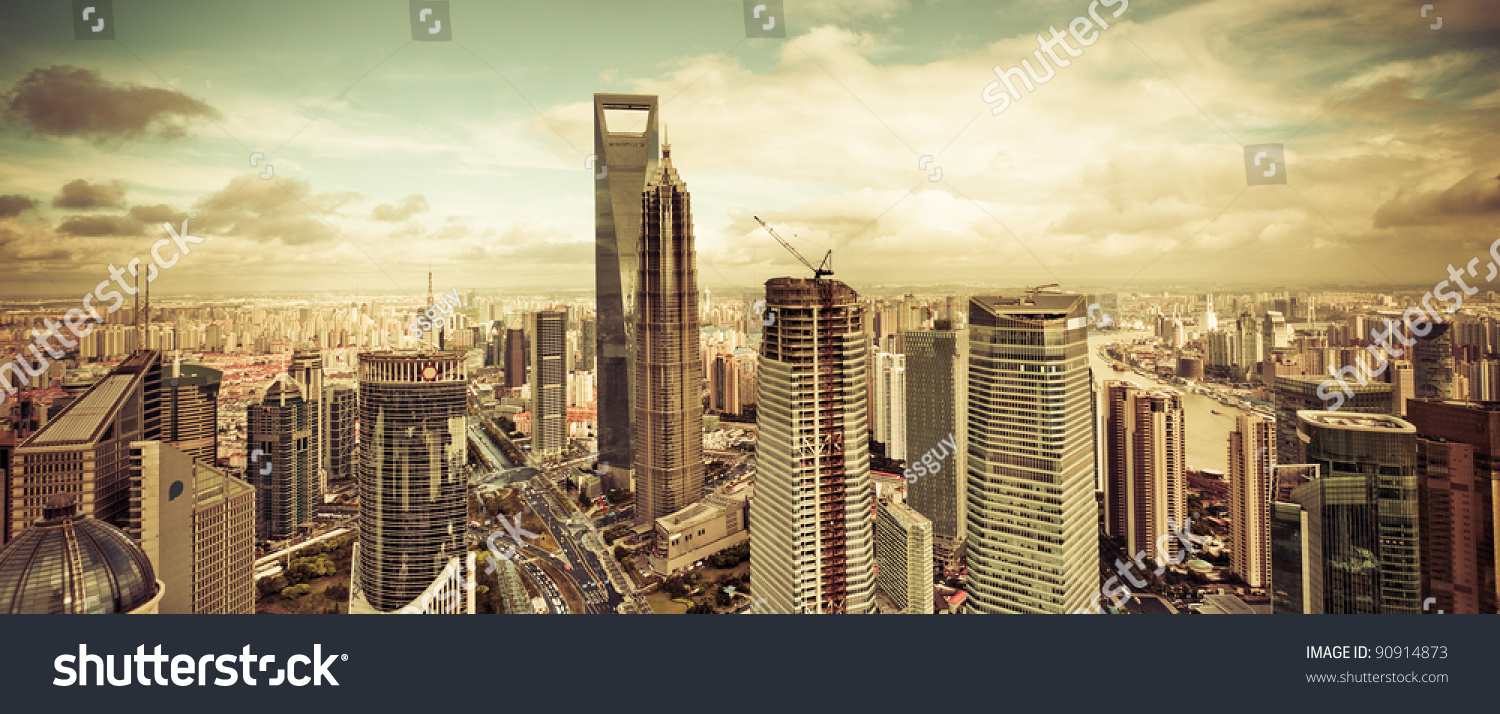 view from the Oriental Pearl TV Tower.shanghai lujiazui financial center aside the huangpu river.