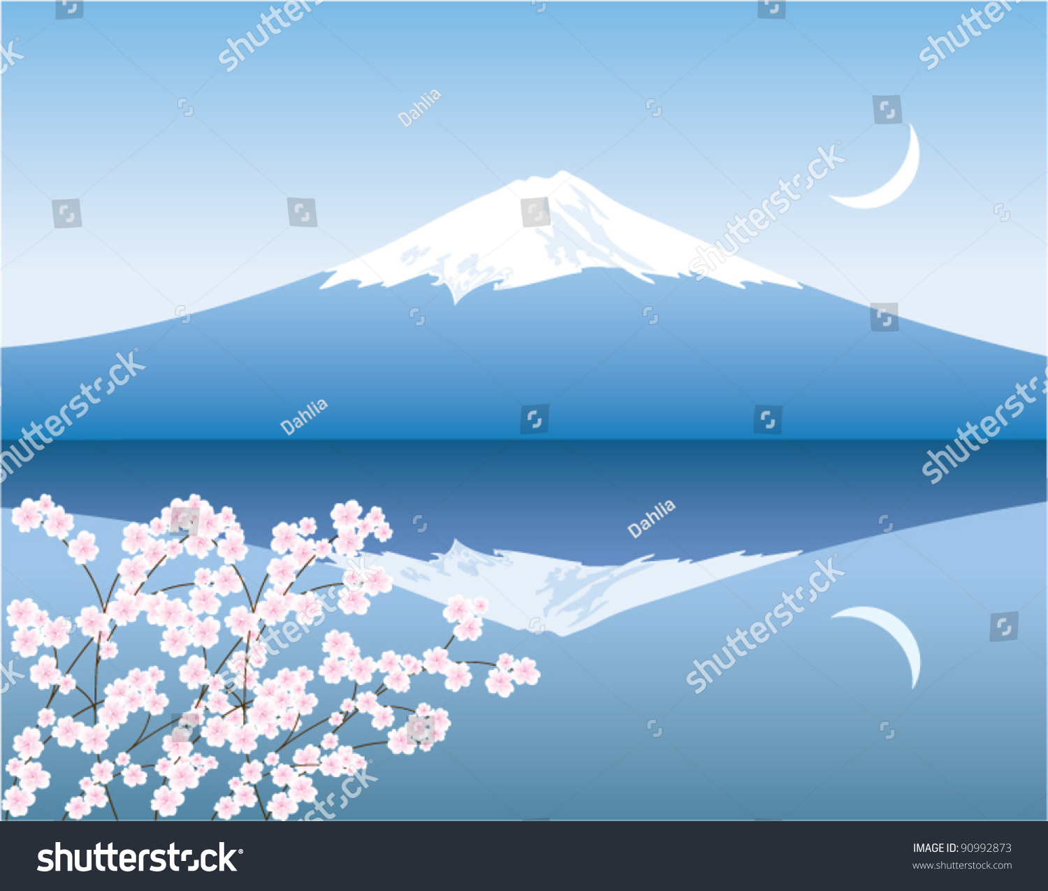 vector Mount Fuji  moon and cherry blossom. Mountain Fuji in Japan.