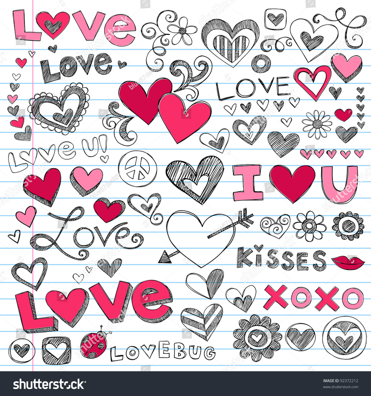 Valentine's Day Love & Hearts Sketchy Notebook Doodles Design Elements on Lined Sketchbook Paper Background- Vector Illustration