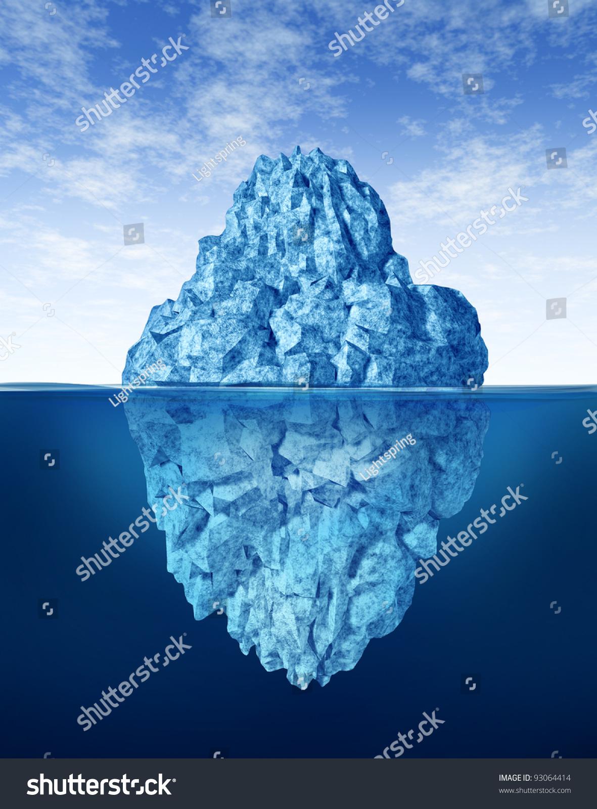 Iceberg floating in cold arctic ocean water with part of the frozen ice mountain above sea and other part of the freezing snow under the water as a cold winter obstacle.