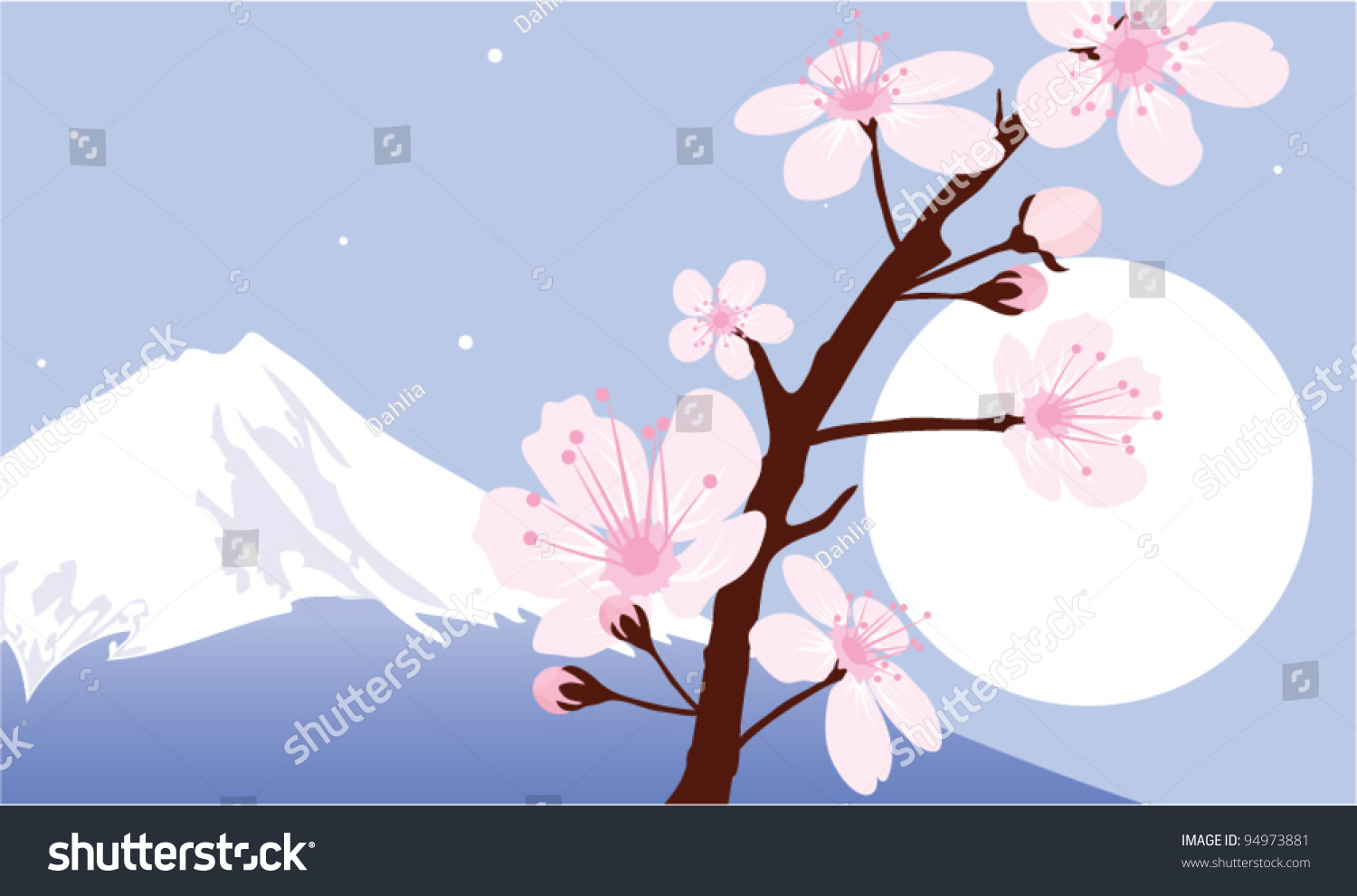 vector Mount Fuji  moon and branches of sakura (cherry)