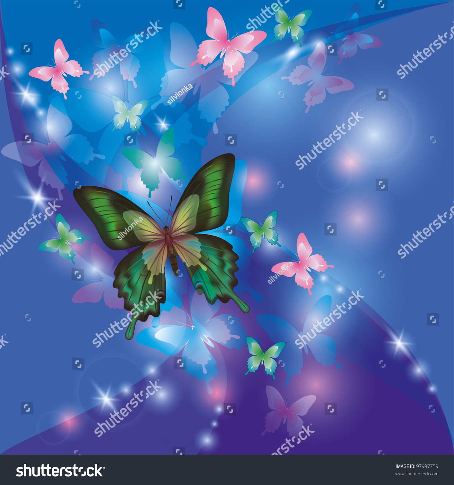 Bright Glowing Abstract Background Blue Violet With Butterflies 