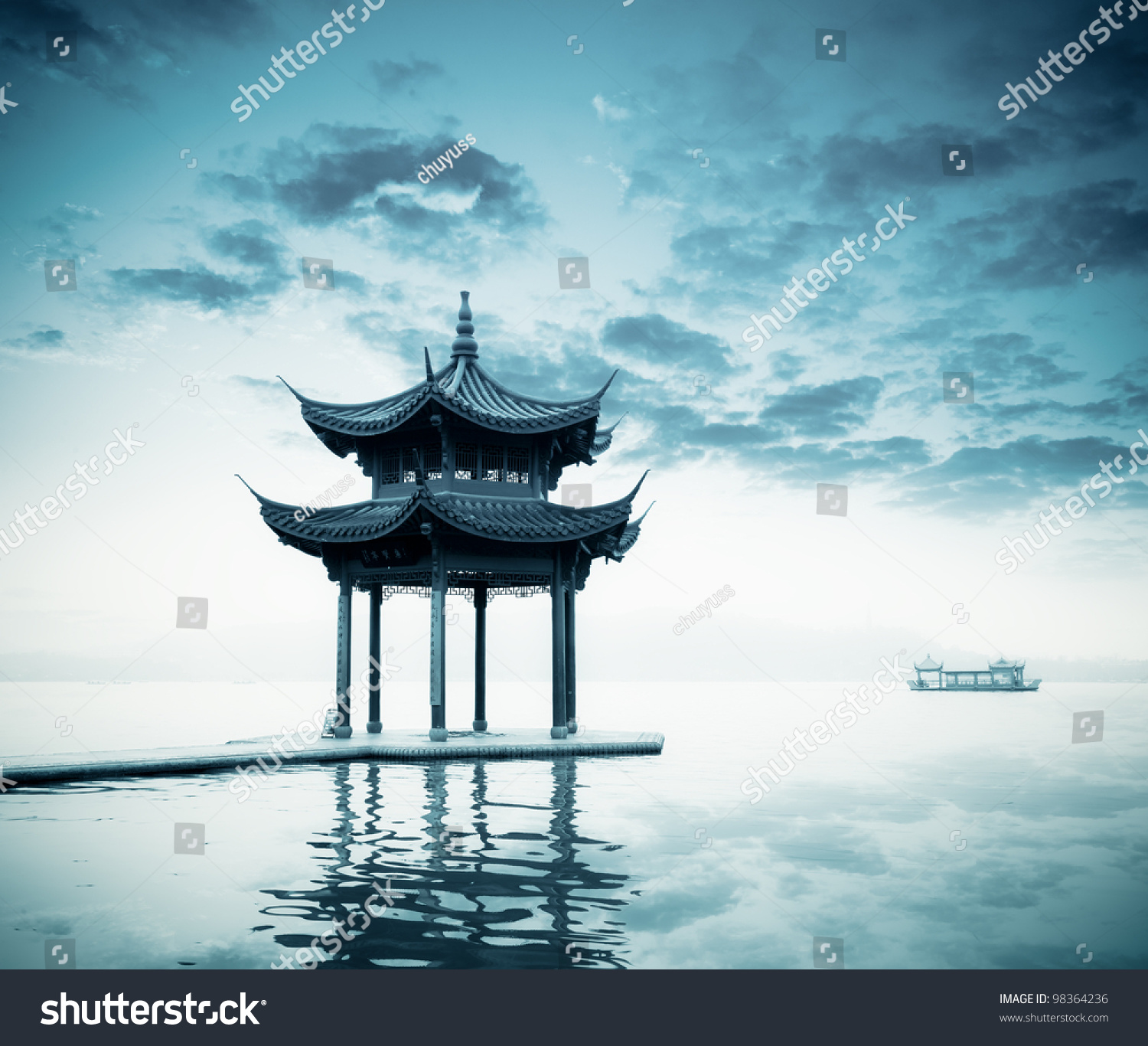 ancient pavilion on the west lake in hangzhou China.