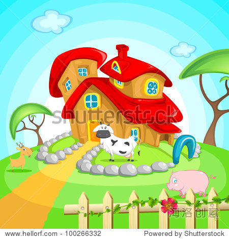 illustration of farm house with pet animals in garden - 站酷海洛