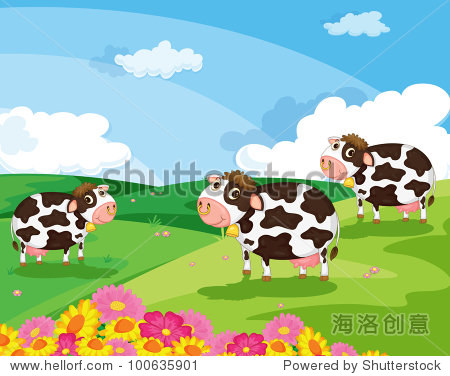 illustration of 3 cows in a field - eps vector format also