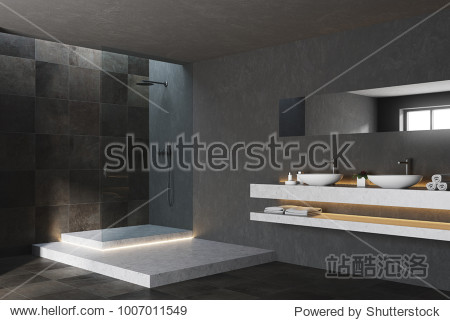 Black and tiled bathroom corner with a black tiled floor a tub and a shower. 3d rendering mock up