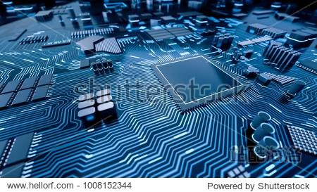 CPU Chip on Motherboard - abstract 3D render of a computer processor chip on a circuit board with microchips and other computer parts