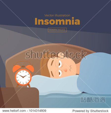 sleepless man face cartoon character suffers from insomnia.