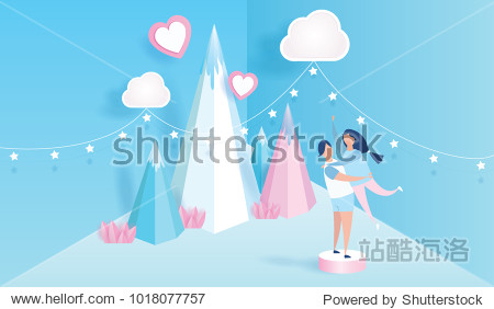 lovely joyful couple. Valentine's day Decoration on blue background with pink heart and clouds design for Valentine's day festival. Vector illustration.paper art style.