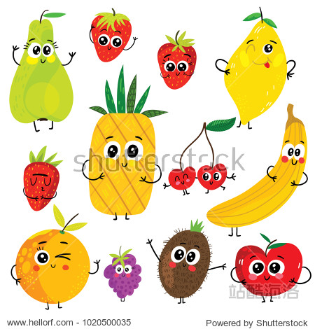 cartoon funny fruits characters : apple pear banana strawberry