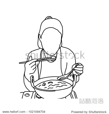 cute woman eating noodles with chopsticks vector illustration