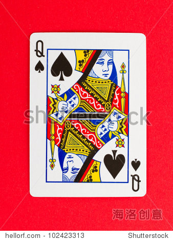 old playing card (queen) isolated on a red background