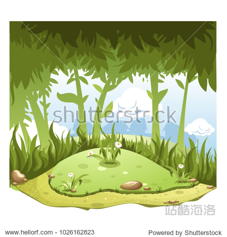 cartoon nature landscape with hill in center and forest back