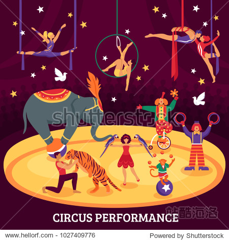 circus performance flat composition with acrobats elephant tiger