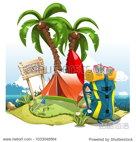 a cartoon green hill near the sea with palm trees a tent back