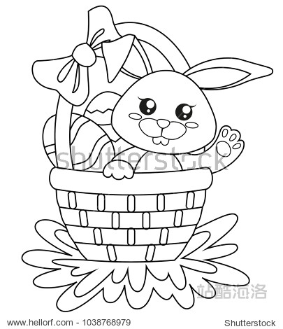 happy easter. cute bunny sitting in basket with eggs.