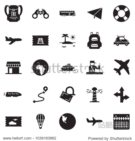 Solid black vector icon set - paper plane vector air balloon cruiser train car baggage bus africa north america ticket office binoculars passport control lighthouse lifebuoy route
