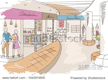 shopping mall graphic color interior sketch illustra