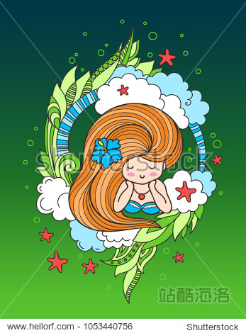 lying cute woman with long beautiful hair, surrounded by clouds