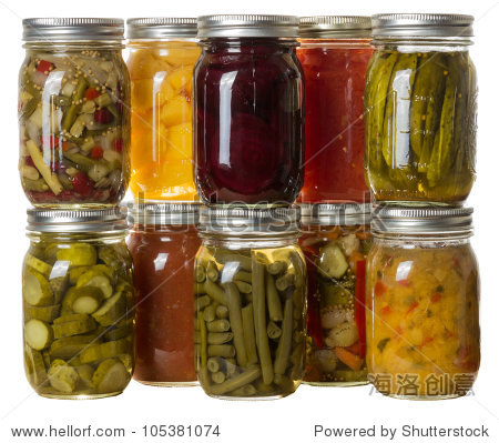 group of homemade preserves canned goods in mason jars