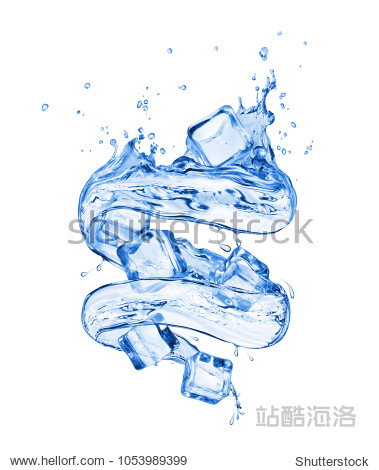 ice cubes with splashes of water in a swirling shape on white