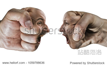 two fists with a male and female face collide with each other on