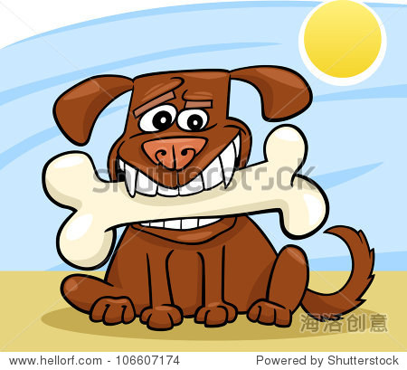 cartoon illustration of funny dog with big bone 