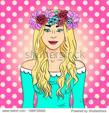 wreath on head with bouquet of flowers.