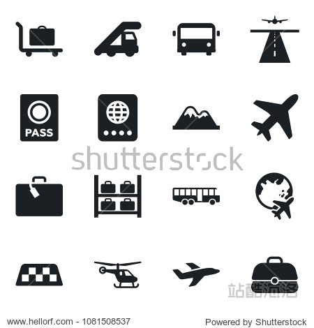 Set of vector isolated black icon - plane vector runway taxi suitcase baggage trolley airport bus passport ladder car helicopter luggage storage globe mountains case