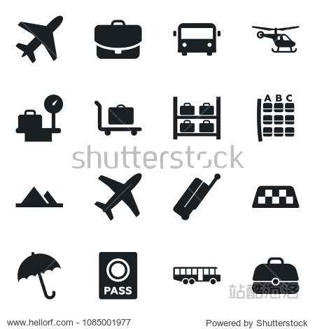 Set of vector isolated black icon - plane vector taxi suitcase baggage trolley airport bus umbrella passport helicopter seat map luggage storage scales mountains case