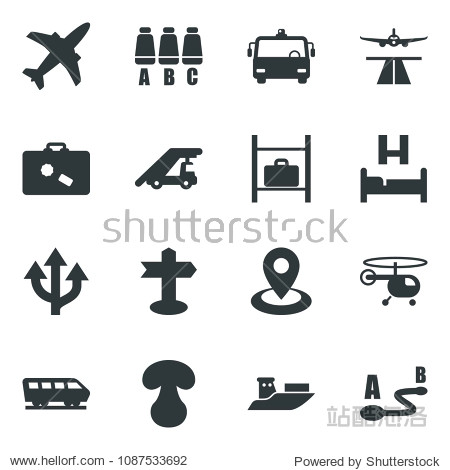 Black vector icon set plane vector runway suitcase airport bus train bed ladder car helicopter seat map luggage storage picnic table route signpost navigation sea shipping