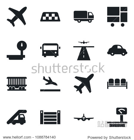 Set of vector isolated black icon - plane vector runway taxi arrival airport bus waiting area ladder car railroad delivery container consolidated cargo heavy scales