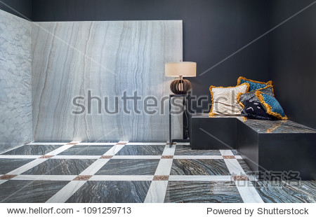 A modern interior of the living room in the black and white color with natural marble on the floor and on the wall
