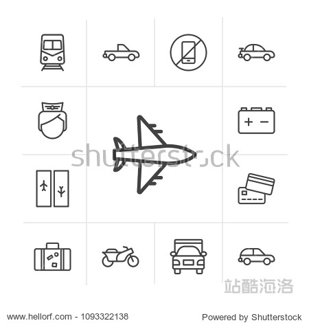 Vector illustration of outline icons for transports airport and terminal on white background. Set includes transportation plane uniform car travel metro bike modern flat and material icons.