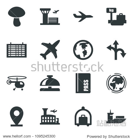 Black vector icon set plane vector baggage trolley reception bell passport helicopter flight table luggage scales airport building picnic earth route pin sea shipping