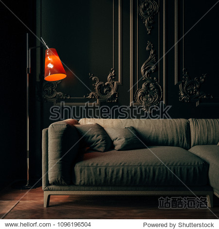 Modern living room interior with empty black wall 3d rendering image. There are minimalist style decorate room with black furniture floor wall