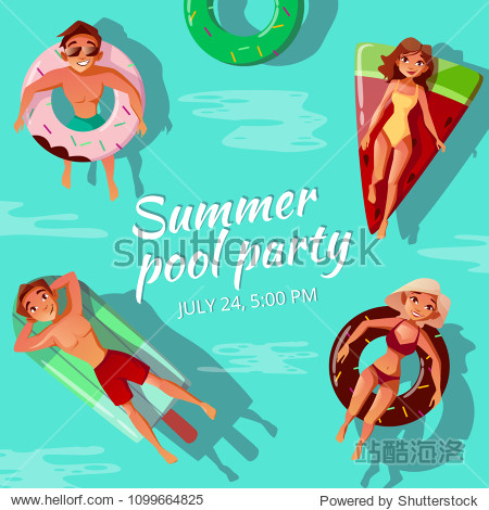 summer pool party vector illustration of people on swim rings in
