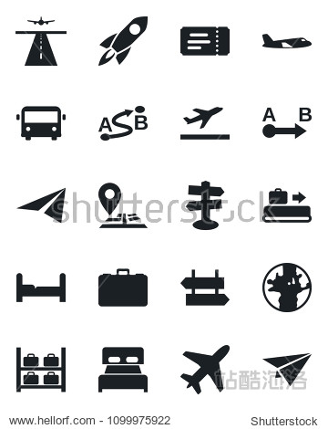 Set of vector isolated black icon - plane vector runway departure baggage conveyor airport bus signpost ticket luggage storage case navigation earth route bedroom rocket paper