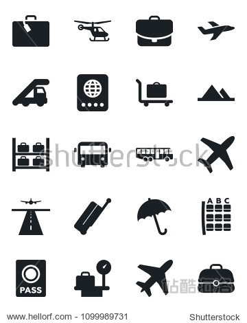 Set of vector isolated black icon - plane vector runway suitcase baggage trolley airport bus umbrella passport ladder car helicopter seat map luggage storage scales mountains case