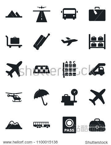Set of vector isolated black icon - plane vector runway taxi suitcase baggage trolley airport bus umbrella passport ladder car helicopter seat map luggage storage scales mountains case