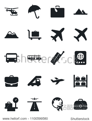 Set of vector isolated black icon - plane vector runway suitcase baggage trolley airport bus umbrella passport ladder car helicopter luggage storage scales globe mountains case