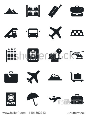 Set of vector isolated black icon - plane vector taxi suitcase baggage trolley airport bus umbrella passport ladder car helicopter seat map luggage storage scales mountains case