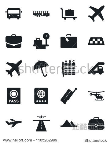 Set of vector isolated black icon - plane vector runway taxi suitcase baggage trolley airport bus umbrella passport ladder car helicopter seat map luggage scales mountains case